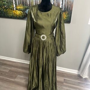 Cider Olive Green Long Sleeve Satin Maxi Dress with Rhinestone Belt